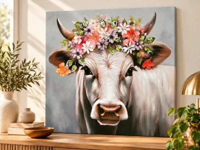 Canvas schilderij - 80x80cm - Horns Of Bloom (koe)
