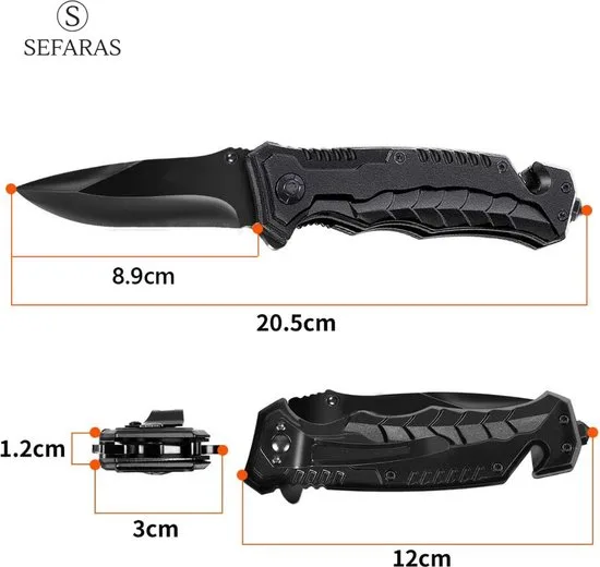 Sefaras Survival Zakmes - Inklapbaar - Broekclip - Voor kamperen - RVS - Zwart - foto 2