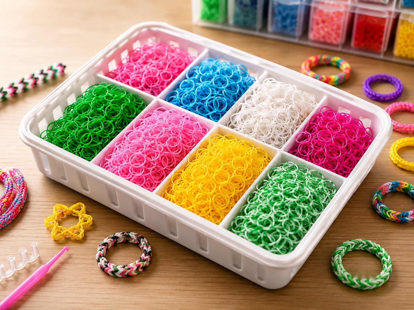 Loombandjes kleurenmix – 3.600 stuks – 6 zakjes met 600 elastiekjes – Inclusief weefhaak & S-clips S-clips